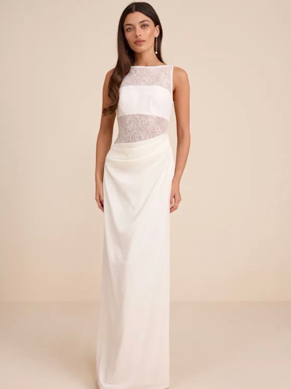 Akasha White Sheer Lace Mixed-Media Maxi Dress